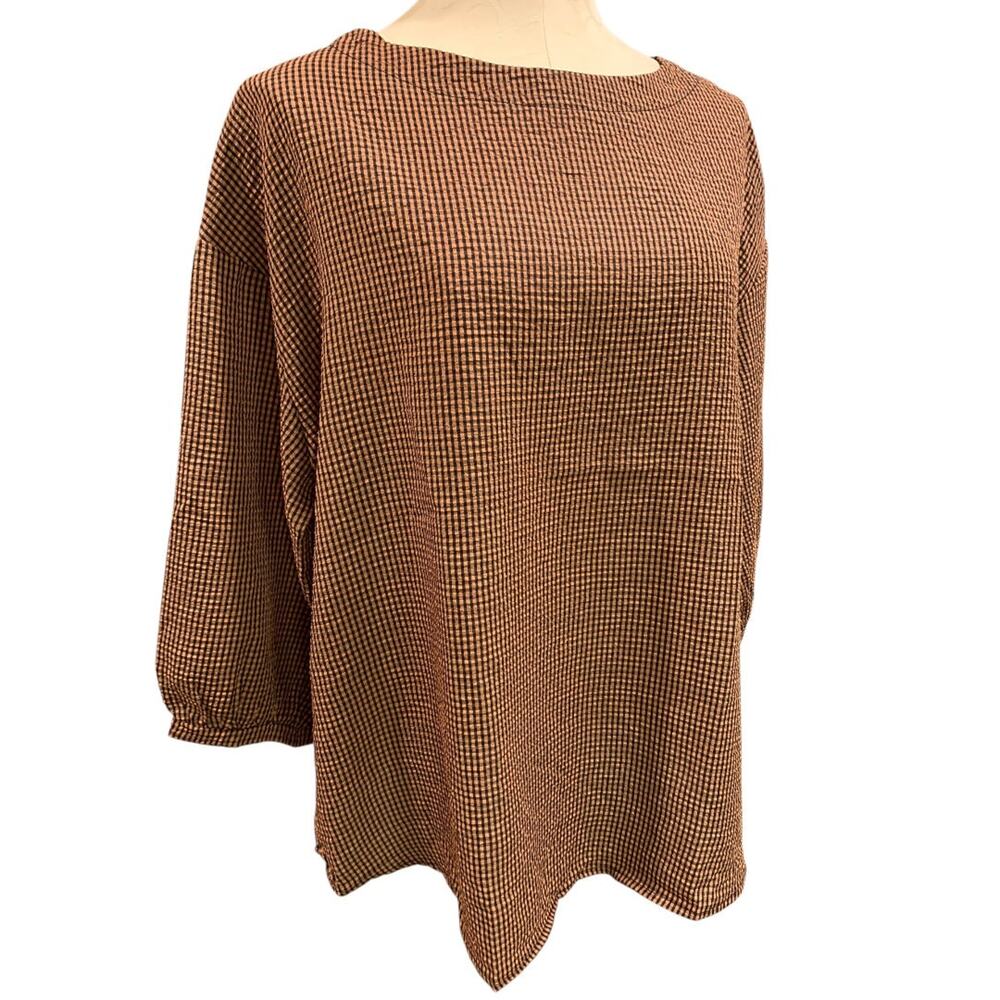 XL Shein Womens Pullover Blouse Shirt Brown Black Check